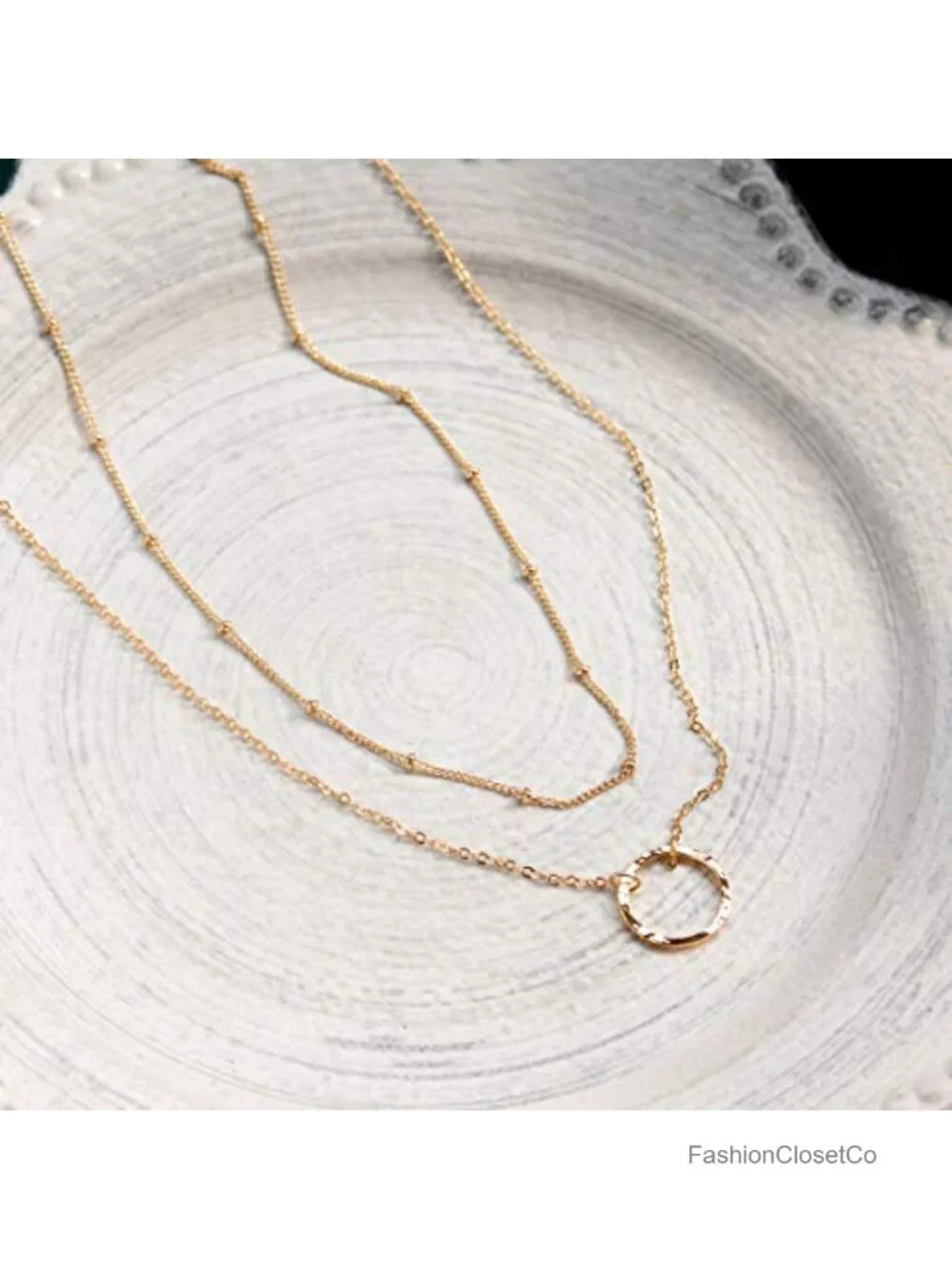 14k Gold Plated Hammered Circle Layered Karma Choker Pendant Necklace Dainty